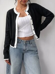 SHEIN BASICS Women's Korean Style Contrast Color Button Knit Thin Cardigan - Black - View 6