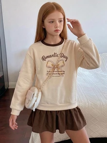 DAZY Tween Girl Thermal Lined Autumn/Winter Letter & Bow Print Long Sleeve Ruffle Hem Princess Dress - Apricot - View 4