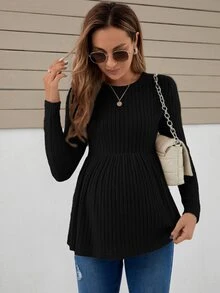 SHEIN Kaos Hamil Kasual Warna Polos dengan Hiasan Ruffle di Bagian Bawah, Bahan Rajut, Lengan Panjang, Motif Piala Dunia Musim Gugur - Hitam - View 4