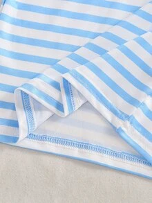 SHEIN Vintaside Kids 2pcs Baby Boys Retro Brown Striped Long Sleeve T-Shirt & Corduroy Bib Pants Overalls Set - Blue - View 5