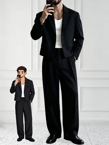 Manfinity Homme Men's Black Fashion Notch Lapel Loose Fit Top And Pleated Pants Casual Plus Size 2 Pieces Suit Set - Black - View 1