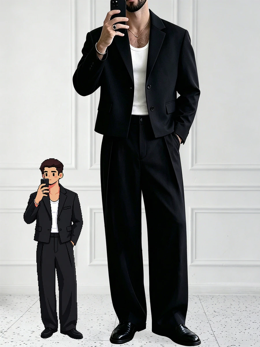 Manfinity Homme Men's Black Fashion Notch Lapel Loose Fit Top And Pleated Pants Casual Plus Size 2 Pieces Suit Set - Black - View 1