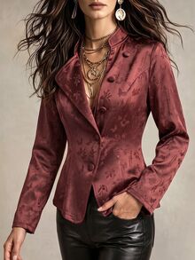 SHEIN Women's Dark Jacquard Stand Collar Asymmetric Front Waist-Cinching Ruffle Hem Long Sleeve Short Jacket - Brown - View 3
