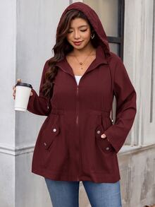 SHEIN Clasi Plus Size Zipper Pocket Long Sleeve Hooded Jacket For Daily Wear Autumn Casual Smart Fall - Burgundy - View 6