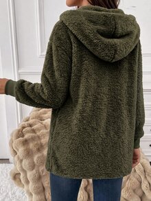 SHEIN Clasi 女款羊羔毛連帽休閒百搭日常長袖秋季運動機場穿搭拉鍊保暖咖啡棕色夾克，適合返校、上班、公路旅行與旅遊 - 軍綠色 - 查看 2