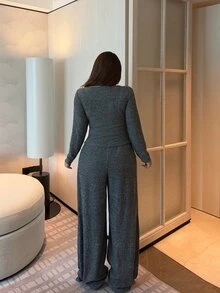 Vibekara Plus Size Ribbed Casual Open Front T-Shirt & Straight Leg Pants 2pcs Set - Dark Grey - View 2