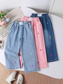 Genkimix Kids 女童牛仔寬腿褲3件套，夏季新品，可愛復古風，淺藍牛仔、粉色牛仔，多色可選，愛心刺繡圖案，鬆緊腰，寬鬆直筒褲腿，柔軟舒適優質棉牛仔面料，兒童節日常百搭T恤搭配，夏季海灘週末度假校園出遊 - 彩色 - 查看 3