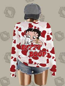 Betty Boop x SHEIN Women's Cartoon Print Long Sleeve Fashion Sweatshirt - White - View 3