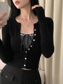 DAZY Women's Lace Patchwork Camisole And Long Sleeve Cardigan Casual Everyday 2 Pieces Set - Black - View 3
