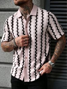 Manfinity CasualCool 男士對比色前開鈕扣短袖粉色與白色條紋襯衫 度假夏季休閒熱帶風 - 粉色 - 查看 6