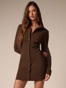 Athîral Women's Autumn/Winter Chocolate Brown Lapel Single-Breasted Casual Mini Dress - Brown - View 6