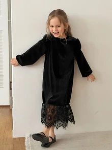 DAZY Young Girl) Velvet Long Sleeve Casual Round Neck Contrast Lace Design Dress - Black - View 2