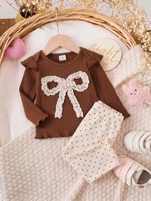 SHEIN 2pcs Set Envelope Collar Long Sleeve Top And Polka Dot Shorts - Coffee Brown - View 4