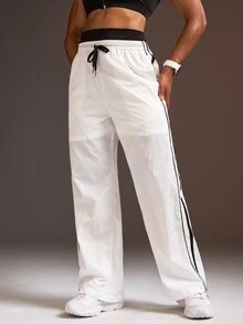 Powerista Women's Black & White Contrast Color Double Waistband Woven Loose Fit Long Pants - White - View 4
