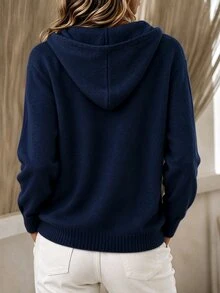 SHEIN 女款抽繩連帽針織開襟外套，秋季鈕扣前襟休閒毛衣 - 藏蓝色 - 查看 2