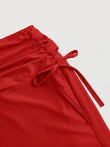 SHEIN MOD 女款高腰側抽繩腰褶皺下擺魚尾裙擺黑色長裙 - 紅色 - 查看 4