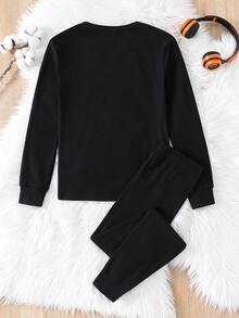 SHEIN 青少年男孩 2件組休閒加厚黑色修身長袖圓領褲裝家居服；底層內衣，適合秋冬、返校，舒適 - 黑色 - 查看 3