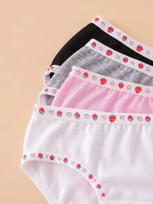 SHEIN 4件組女童幼兒少女多色粉色灰色白色黑色簡約可愛甜美基礎款草莓印花三角內褲 - 彩色 - 查看 3