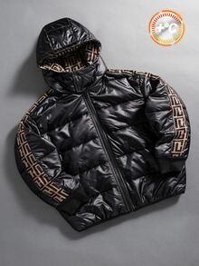 SHEIN 兒童青少年男孩保暖內裡加厚黑色外套，秋冬款，絎縫外套，冬季外套，派克大衣，填充外套，填充外套，絎縫外套 - 彩色 - 查看 3