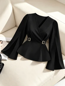GlowEve CURVE Plus Size Women's Elegant V-Neck Long Sleeve Blouse, Deep V-Neck Metal Button Decor Shirt, Front Slit A-Line Design, Suitable For Daily Commute, Office, Party, Cocktail, Wedding Guest - Black - View 4