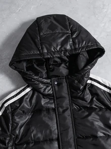 SHEIN 兒童青少年男孩保暖內裡加厚黑色夾克，秋冬款，絎縫外套，冬季外套，派克大衣，填充外套，填充外套，絎縫外套 - 黑色 - 查看 4