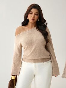 Auralis Plus Size Women Solid Color Asymmetrical Shoulder Drop Shoulder Long Sleeve Fashion Pullover Sweater/One-Shoulder Sweater / Stylish And Comfortable - Khaki - View 6