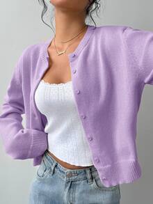 SHEIN BASICS 女款休閒純色圓領長袖寬鬆短版針織開襟外套，秋季辦公室校園商務外套，海軍藍 - 淡紫色 - 查看 1