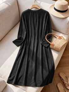 Rusticease Plus Size Dark Gray Ruffle Trim Round Neck Long Sleeve Dress Elegant Formal Fall Winter 2026 - Dark Grey - View 4