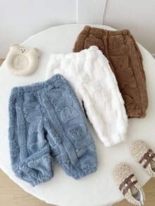 SHEIN 1件幼兒男童毛茸茸慢跑褲 可愛棕藍白熊格紋 絨毛加厚 秋冬度假戶外 抓絨彈力腰 - 藍色 - 查看 5