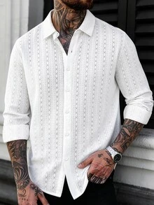 ARLO REED Men's Early Autumn Casual Vacation Style Hollow Vertical Stripe Long Sleeve Shirt, Textured Lapel Knit Solid Color Shirt, Suitable For Daily Commute And Outdoor Activities, Formal - White - View 1