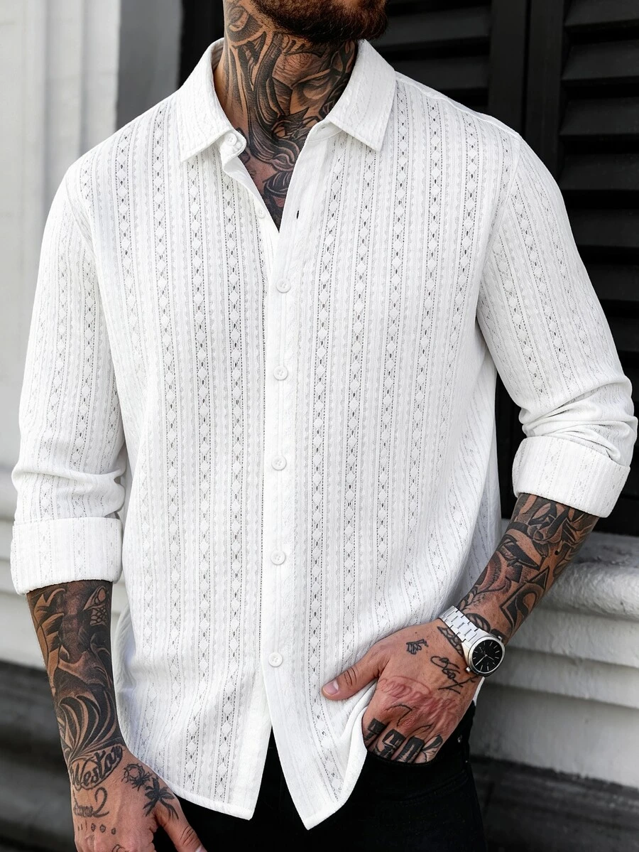 ARLO REED Men's Early Autumn Casual Vacation Style Hollow Vertical Stripe Long Sleeve Shirt, Textured Lapel Knit Solid Color Shirt, Suitable For Daily Commute And Outdoor Activities, Formal - White - View 1
