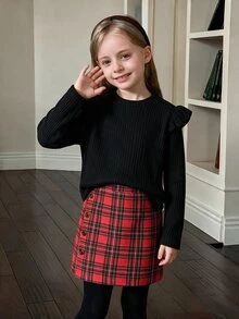 Elladie kids 女童荷葉邊長袖羅紋針織上衣與格紋裙套裝 可愛學院風 2件組 秋季套裝 女孩格紋鈕扣裙衣著 - 彩色 - 查看 6