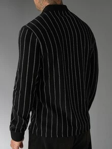 SLATEMANN Men's Striped Long Sleeve Casual Commute Polo Shirt - Black - View 2