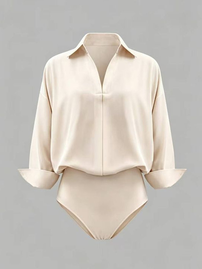 Olithes Plus Size Women's Solid Color Long Sleeve Casual Shirt Bodysuit