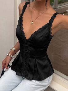 Aloruh 女款優雅休閒通勤上衣，蕾絲飾邊拼接素色無袖襯衫，夏季基礎上衣，棕色性感社交辦公襯衫 - 黑色 - 查看 6