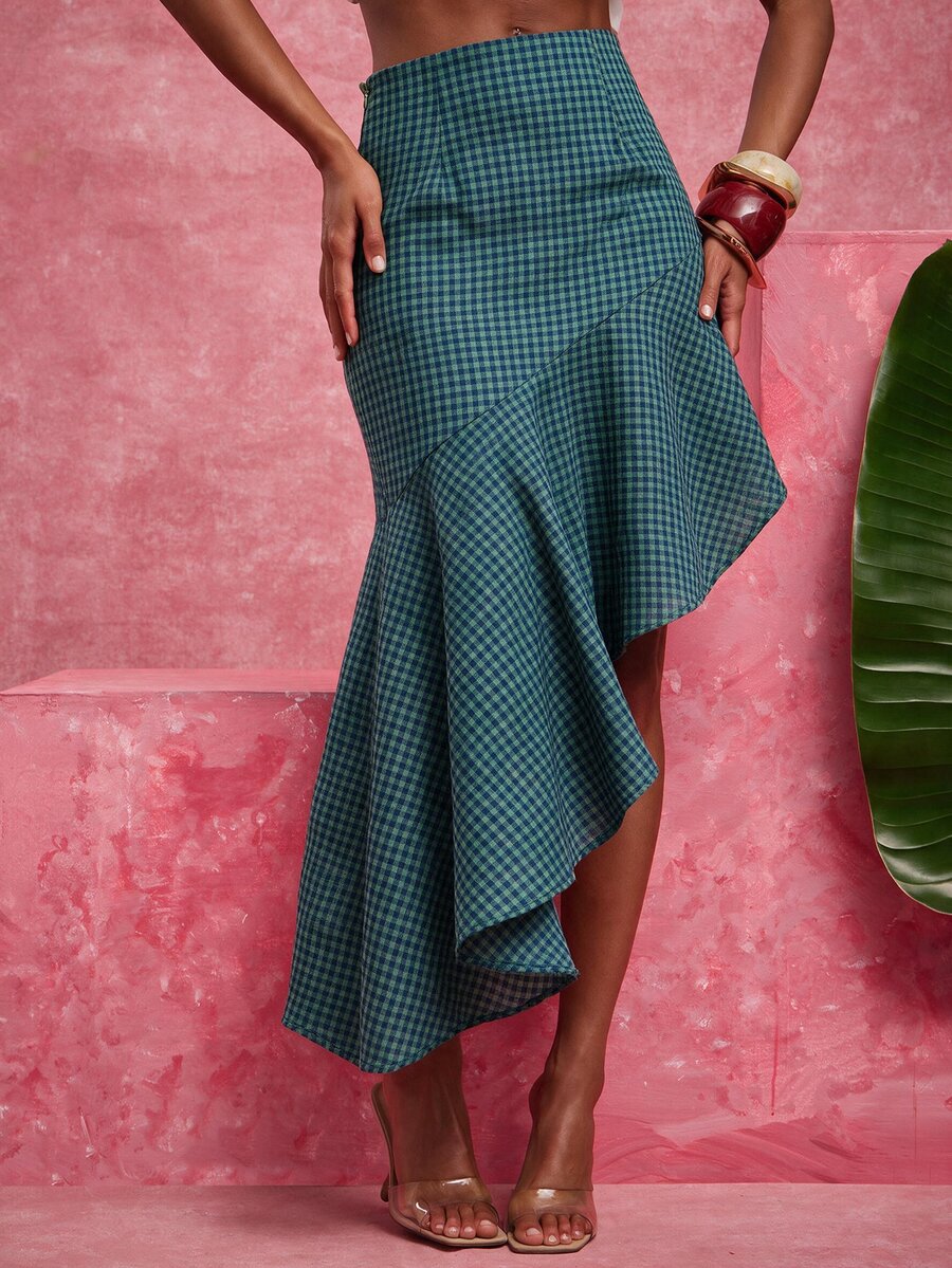 NYA SZN تنورة نسائية كاجوال متعددة الاستخدامات يومية بنقشة مربعات - الأزرق - مشاهدة 1