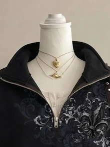 SHEIN EZwear 女款黑色假領拉鍊領運動衫，休閒極簡復古龐克 Y2K 百搭派對印花圖案，音樂節穿搭，哥德風，女款秋季服飾，秋季穿搭，女款通勤穿搭，百搭上衣，外出穿搭，機場穿搭 - 彩色 - 查看 3