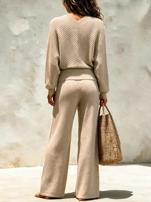 SHEIN 新款燕麥色針織兩件套，韓系溫柔風居家休閒服 - 卡其色 - 查看 2