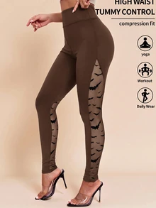 SHEIN Clasi 高腰蝙蝠印花網布拼接緊身褲 - 棕色 - 查看 5
