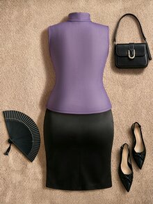 EastFlair Plus Size Women's Stand Collar Casual Daily Wear Top - Violet Purple - View 5