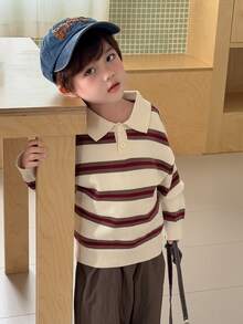 DAZY Infant (Boy) Turn Collar Striped Korean Style Long Sleeve Sweater - Coffee Brown - View 6