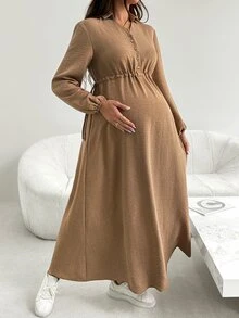 SHEIN Maternity Solid Color Button Front Side Waist Tie Casual Dress - Khaki - View 1