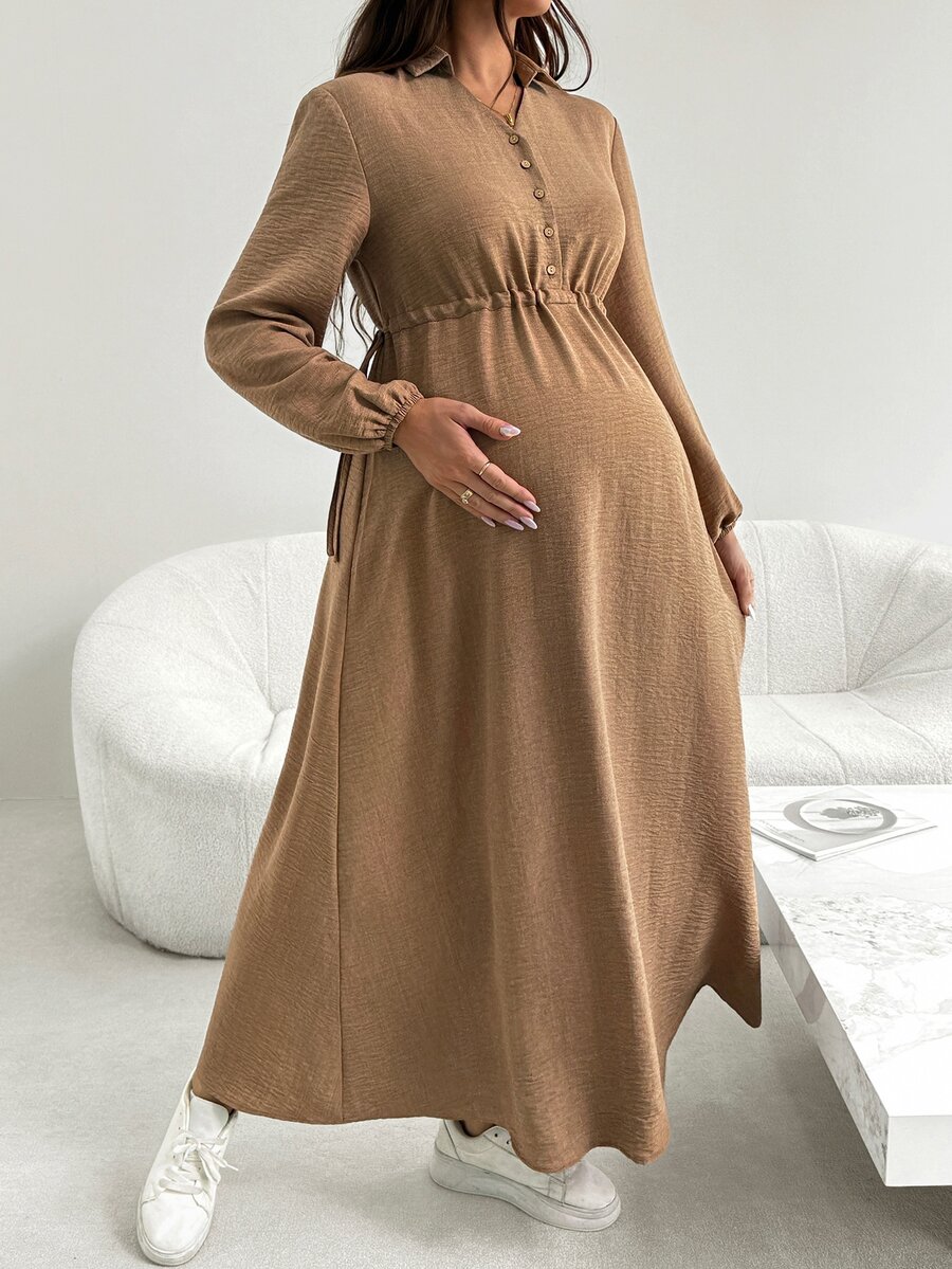 SHEIN Maternity Solid Color Button Front Side Waist Tie Casual Dress - Khaki - View 1