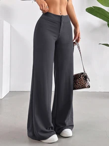 SHEIN Tall CURVE 大尺碼女款純色腰部鈕扣設計寬腿長褲 - 深灰色 - 查看 6