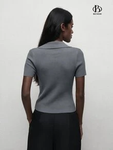 BizChic 女款秋季翻領條紋鈕扣針織開襟衫，都市通勤商務休閒優雅女裝針織上衣 - 灰色 - 查看 2
