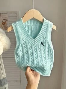 SHEIN 女童粉色刺繡背心毛衣，圓領，適合搭配裙子，適合秋冬春夏穿著的套頭衫 - 薄荷綠 - 查看 5