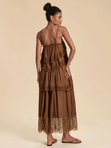 Travachic Women's Solid Color Ruffle Front Tie Strap Dress Squishy Fairy Spring/Summer New Chiffon Crinkled Contrast Lace Adjustable Strap Tiered Maxi Dress - Brown - View 3