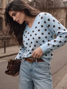 Anewsta Women's Autumn/Winter Retro Polka Dot Long Sleeve Knit Sweater, Commuter Casual Versatile - Baby Blue - View 3