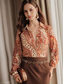 Anewsta Women's Unique Polka Dot & Floral Print Elegant Vacation Long Sleeve Button-Down Shirt - Orange - View 5