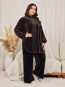 Lacomfia Women's Velvet Loose Elegant Versatile Autumn/Winter Coffee Color Plus Size 2 Pieces Set - Coffee Brown - View 1
